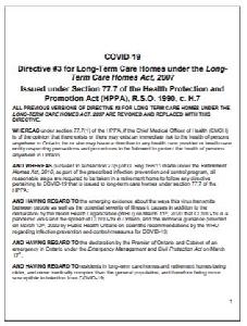 Image of the cover of publication titled COVID-19 : Directive #3 for Long-Term Care Homes under the Long Term Care Homes Act, 2007 : Issued under Section 77.7 of the Health Protection and Promotion Act (HPPA), R.S.O. 1990, c. H.7.