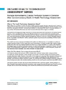 Image of the cover of publication titled Portable Normothermic Cardiac Perfusion System in Donation After Cardiocirculatory Death : A Health Technology Assessment .( Ontario health technology assessment series, 1915-7398 ; v. 20, no. 3)