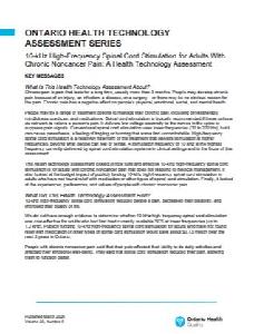 Image of the cover of publication titled   10-kHz High-Frequency Spinal Cord Stimulation for Adults With Chronic Noncancer Pain : A Health Technology Assessment.( Ontario health technology assessment series, 1915-7398 ; v. 20, no. 6)