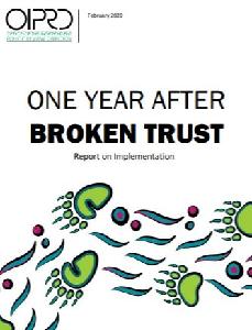 Image of the cover of publication titled One Year After Broken Trust : Report on Implementation