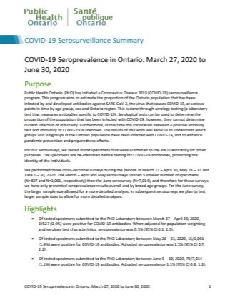 Image of the cover of publication titled COVID-19 Seroprevalence in Ontario : March 27, 2020 to June 30, 2020
