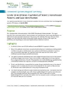 Image of the cover of publication titled  COVID-19 in Ontario : A Summary of Wave 1 Transmission Patterns and Case Identification