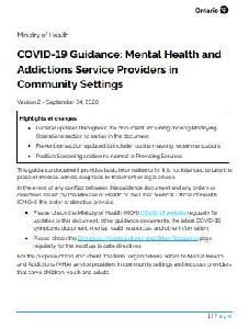 Image of the cover of publication titled COVID-19 Guidance : Mental Health and Addictions Service Providers in Community Settings
