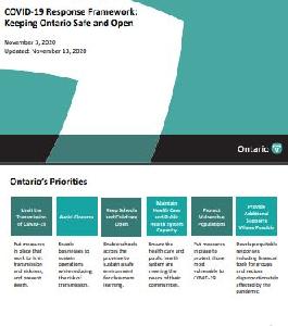 Image of the cover of publication titled COVID-19 Response Framework : Keeping Ontario Safe and Open (November 9, 2020/9 novembre 2020)