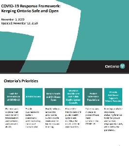 Image of the cover of publication titled COVID-19 Response Framework : Keeping Ontario Safe and Open (November 13, 2020/13 novembre 2020)