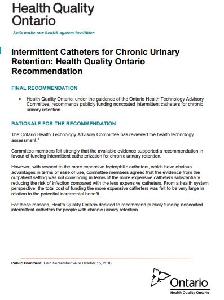 Image of the cover of publication titled  Intermittent Catheters for Chronic Urinary Retention : Health Quality Ontario Recommendation