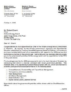 Image of the cover of publication titled Mandate letter from the Ministry of Energy, Northern Development and Mines to the Ontario Energy Board