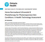 Image of the cover of publication titled Home Narrowband Ultraviolet B Phototherapy for Photoresponsive Skin Conditions : A Health Technology Assessment. (Ontario health technology assessment series, 1915-7398 ; v. 20, no. 12)