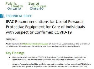 Image of the cover of publication titled      IPAC Recommendations for Use of Personal Protective Equipment for Care of Individuals with Suspect or Confirmed COVID-19