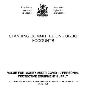 Image of the cover of publication titled Value-for-Money Audit : COVID-19 Personal Protective Equipment Supply (2021 Annual Report of the Office of the Auditor General of Ontario)