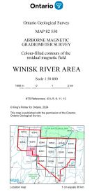 Image de la couverture de la publication intitul&eacute;e     Airborne magnetic gradiometer survey, colour-filled contours of the residual magnetic field, Winisk River area (Map 82 551)