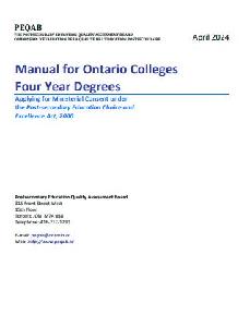 Image of the cover of publication titled Manual for Ontario Colleges: Four Year Degrees : Applying for Ministerial Consent under the Post-secondary Education Choice and Excellence Act, 2000 - April 2024