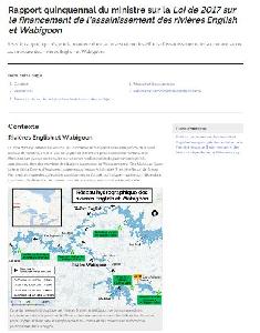 Image de la couverture de la publication intitulée   Rapport quinquennal du ministre sur la Loi de 2017 sur le financement de l’assainissement des rivières English et Wabigoon
