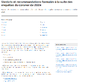 Image de la couverture de la publication intitulée   Verdicts et recommandations formulés à la suite des enquêtes du coroner 2024