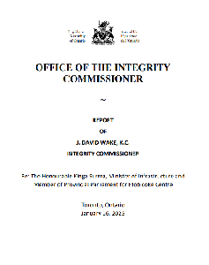 Image de la couverture de la publication intitulée   Report of the Honourable J. David Wake, Integrity Commissioner Re: The Honourable Kinga Surma, Minister of Infrastructure and Member of Provincial Parliament for Etobicoke Centre

