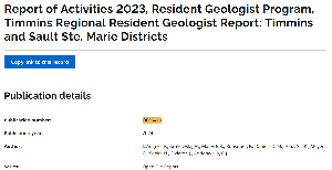 Image de la couverture de la publication intitulée   Report of Activities 2023, Resident Geologist Program, Timmins Regional Resident Geologist Report: Timmins and Sault Ste. Marie Districts

