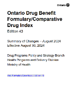 Image de la couverture de la publication intitul&eacute;e   Ontario drug benefit formulary/comparative drug index. Edition 43, Effective August 30, 2024


