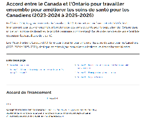 Image de la couverture de la publication intitul&eacute;e  Accord entre le Canada et l&rsquo;Ontario pour travailler ensemble pour am&eacute;liorer les soins de sant&eacute; pour les Canadiens (2023-2024 &agrave; 2025-2026)