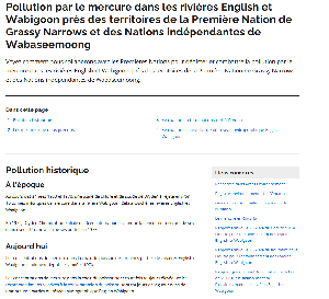 Image of the cover of publication titled  Pollution par le mercure dans les rivi&egrave;res English et Wabigoon pr&egrave;s des territoires de la Premi&egrave;re Nation de Grassy Narrows et des Nations ind&eacute;pendantes de Wabaseemoong