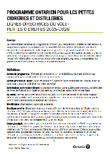 Image of the cover of publication titled Programme Ontarien pour les petites cidreries et distilleries : lignes directrices du volet petites cidreries 2024-2025