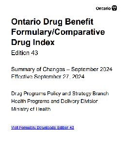 Image de la couverture de la publication intitul&eacute;e   Ontario drug benefit formulary/comparative drug index.Edition 43, Effective September 27, 2024

