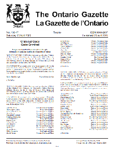 Image of the cover of publication titled  Parent  The Ontario gazette Ontario Gazette Volume 158 Issue 17 | April 26 2025