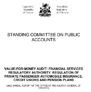 Image de la couverture de la publication intitul&eacute;e Value-For-Money Audit: Financial Services Regulatory Authority: Regulation of Private Passenger Automobile Insurance, Credit Unions and Pension Plans : (2022 Annual Report of the Office of the Auditor General of Ontario)