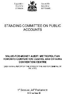 Image de la couverture de la publication intitul&eacute;e Parent Value-For-Money Audit: Metropolitan Toronto Convention Centre And Ottawa Convention Centre (2023 Annual Report of the Office of the Auditor General of Ontario). 