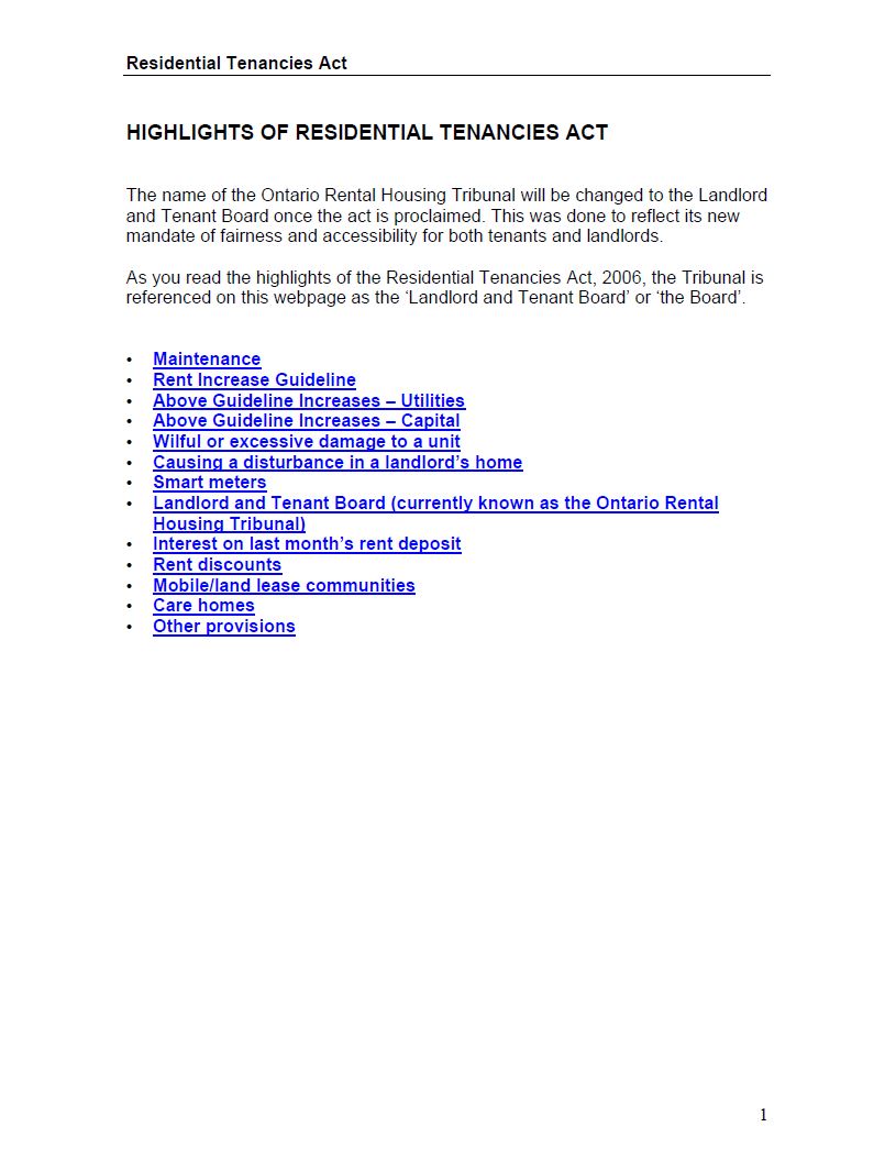 Highlights of Residential Tenancies Act Publications Ontario