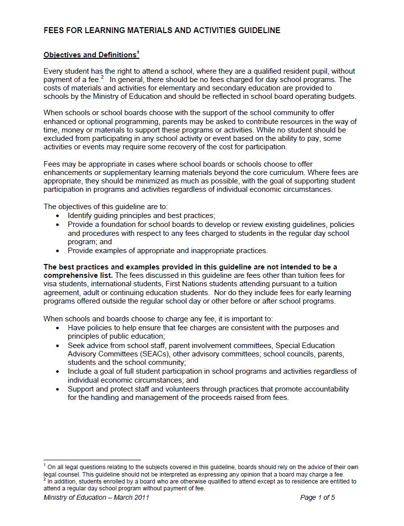 Fees for Learning Materials and Activiti Publications Ontario